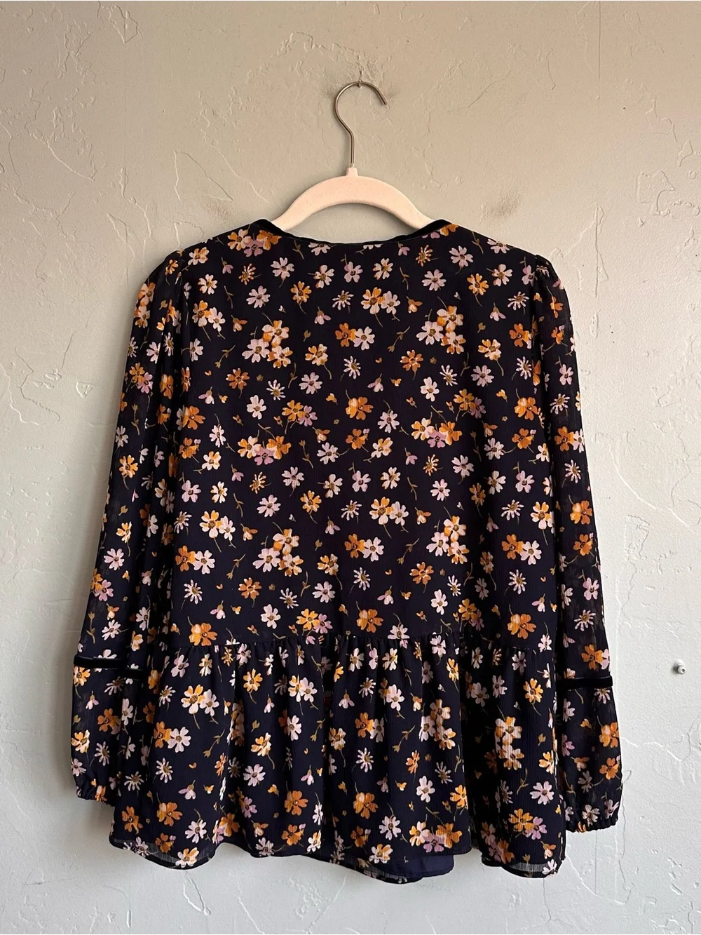 Madewell Velvet Trim Square-Neck Navy Floral Romantic Peasant Blouse Top SM EUC
